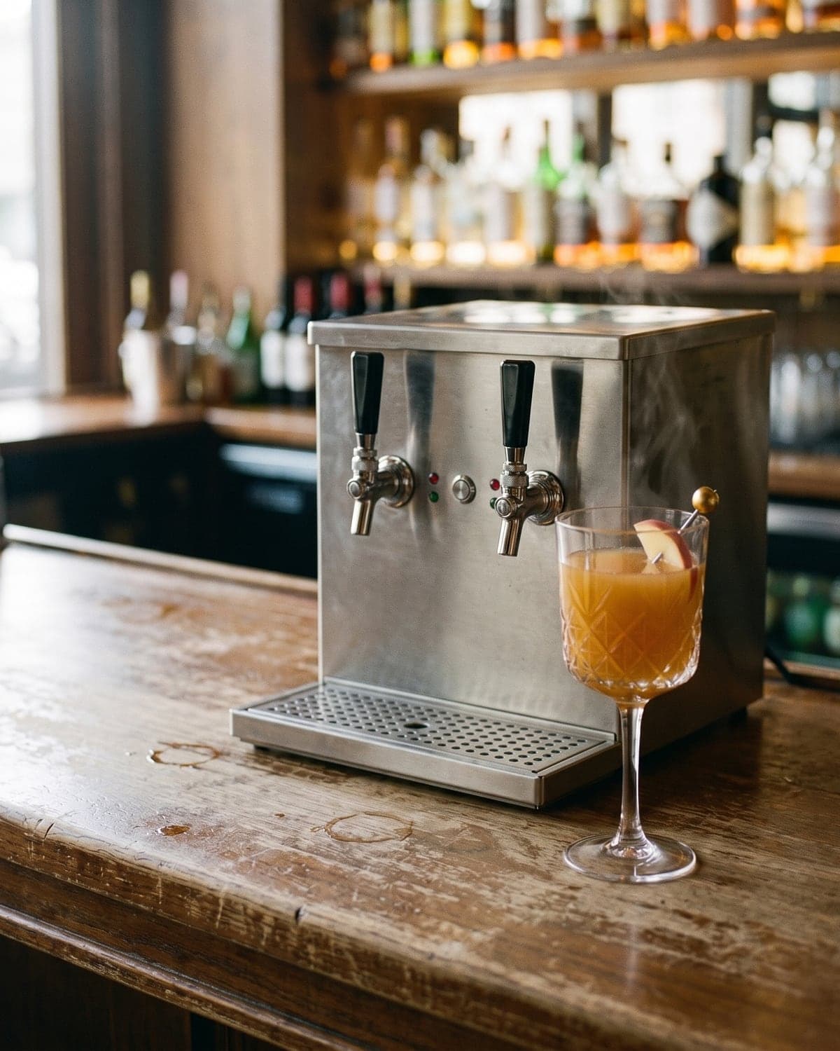 Beheizte Zapfanlage für warme Getränke mit einem Stielglas Hot Apple Gin
